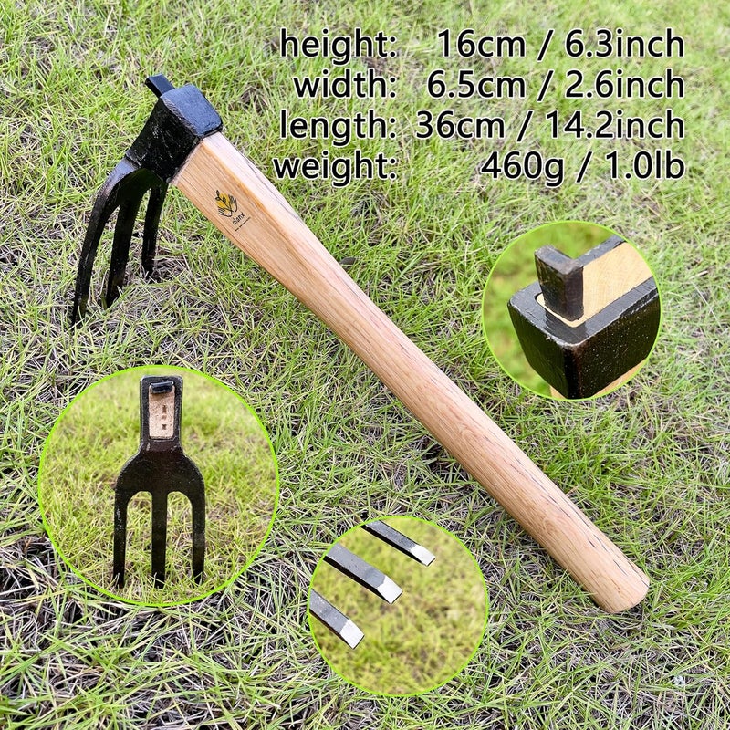 ALANX 14 inch Japanese Hand Tiller/Rake for Garden, 3-tines Cultivator, Without Welding, Oak Handle, for Digging, Soil Preparation, Chopping Through Roots and Hard Soil and Other Gardening tasks - Image 2
